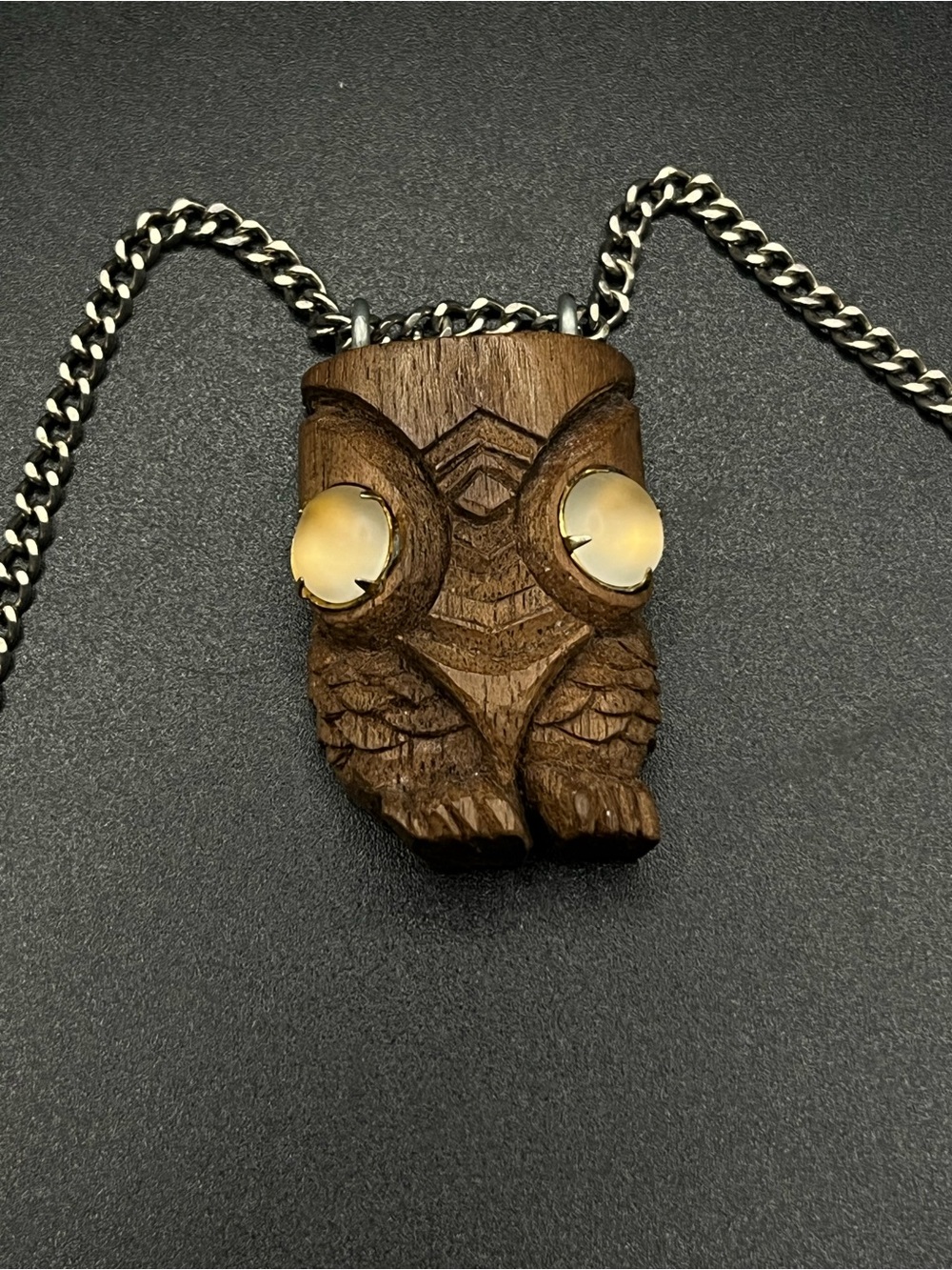 Vintage Maori Carved Owl Pendant Necklace with Opalescent Eyes